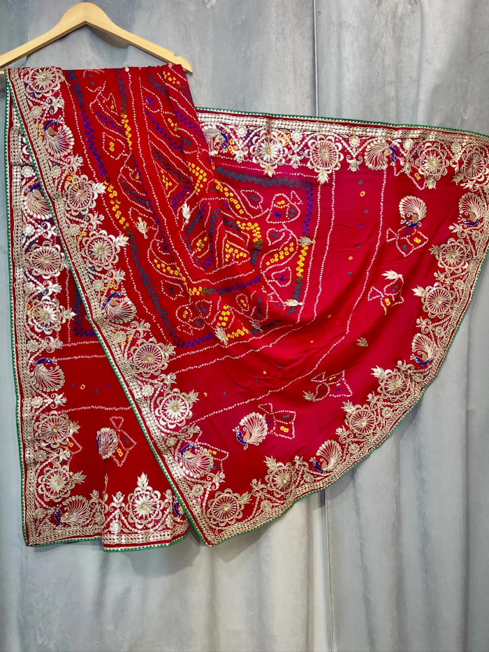 Premium Crepe Fabric Bandhej Dupatta – Handmade Kundan, Zardozi & Gotta Patti Work