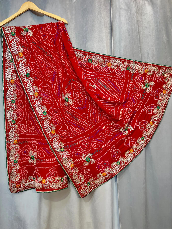 Festive Bandhej Dupatta Paver Ojariya Crepe Fabric with Kundan Zardozi Art