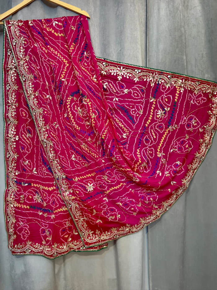 Ethnic Bandhej Dupatta – Paver Ojariya Crepe Fabric with Handmade Kundan & Gotta Patti