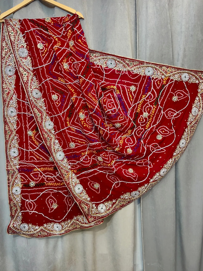 Luxury Bandhej Dupatta Paver Ojariya Crepe Fabric with Kundan, Zardozi & Diamond Work