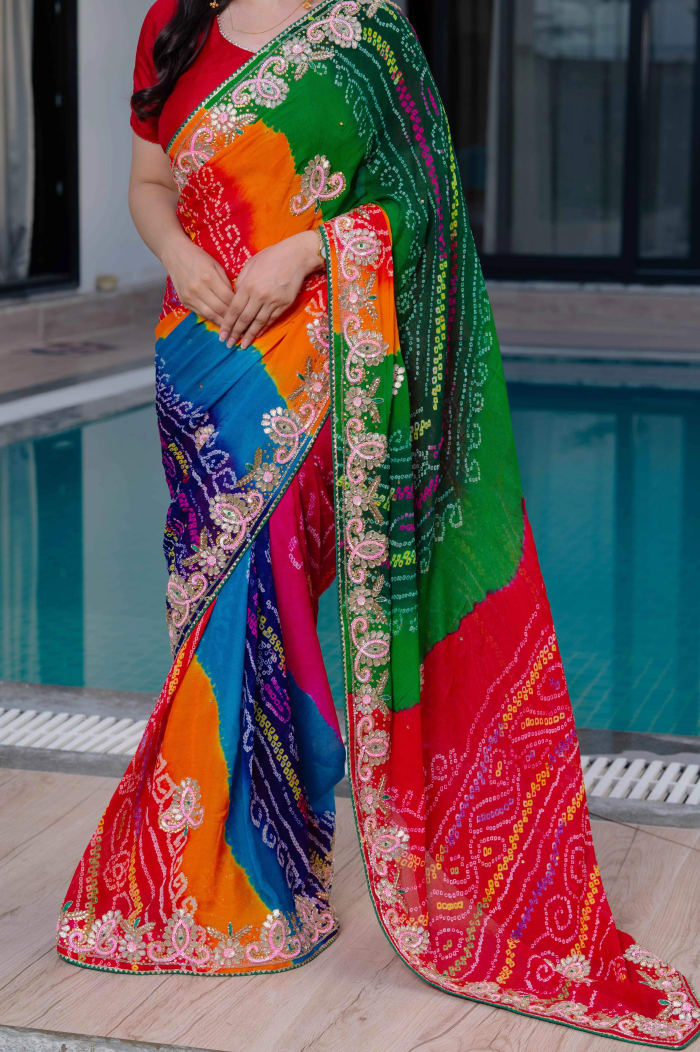 Pure Ojariya Fabric Multicolor Saree with Kardana Handwork