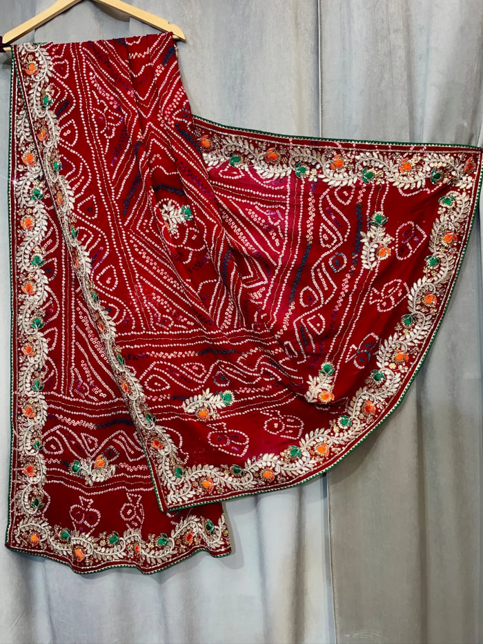Luxury Bandhej Dupatta Paver Ojariya Crepe  Fabric with Handmade Kundan & Gotta Patti
