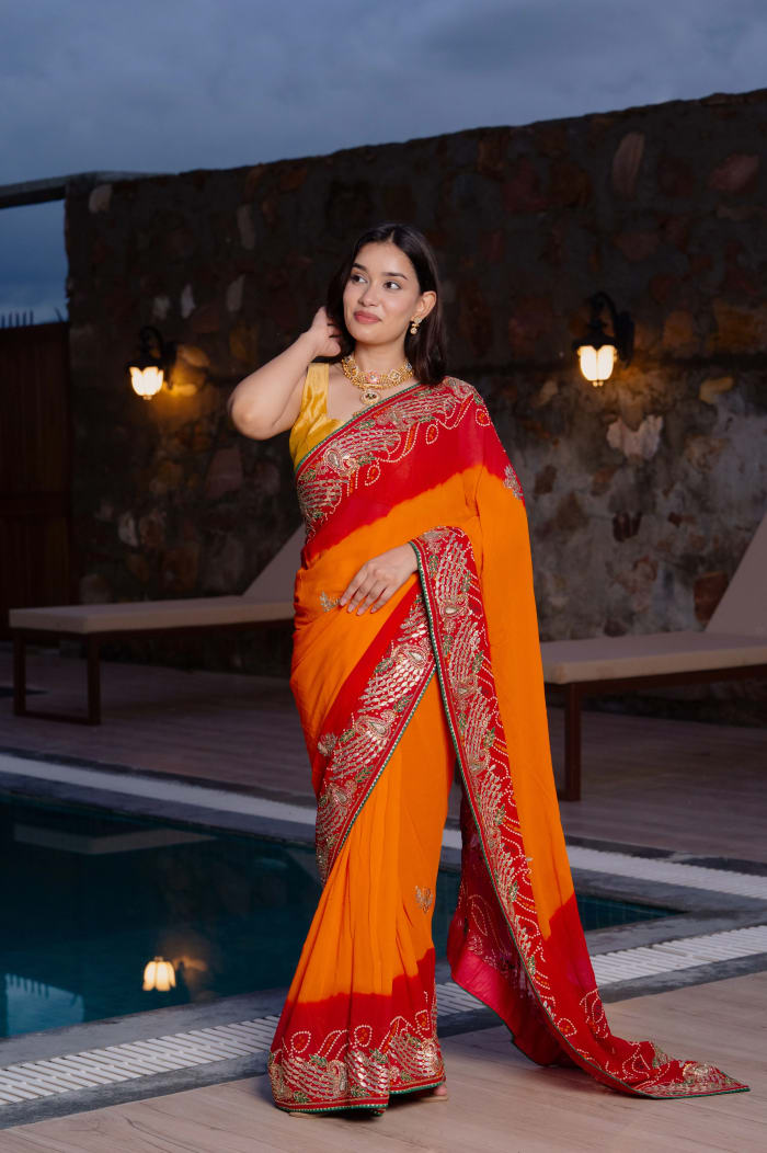 Orange Pila Georgette Fabric Saree with Kardana Handwork