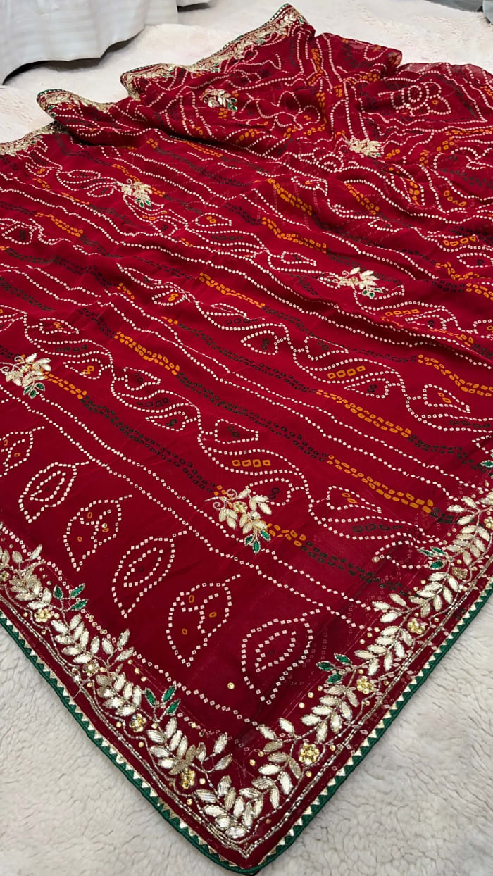 Traditional Chundri Bandhej Saree in Pure Viscose Georgette Fabric | Handcrafted Kundan Patti Art