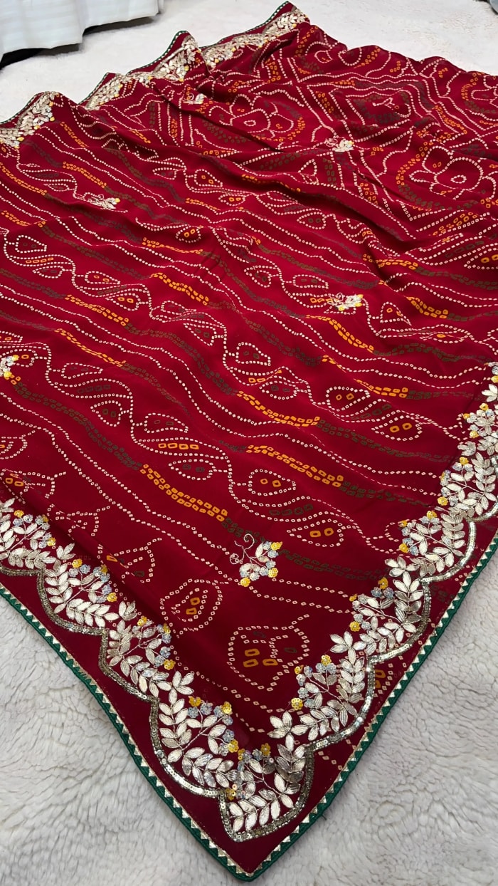 Heritage Chundri Bandhej Saree in Viscose Georgette Fabric | Handcrafted Kundan Patti Design