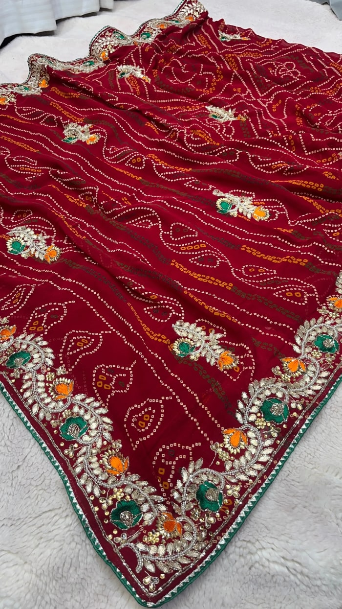 Elegant Traditional Chundri Bandhej Saree in Viscose Georgette Fabric with Kundan Patti Work