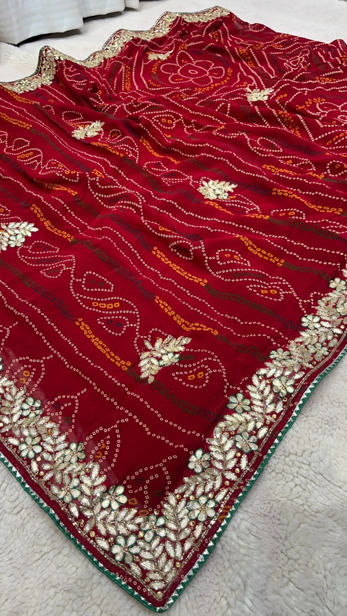 Rajasthani Chundri Bandhej Saree in Pure Viscose Georgette Fabric | Handcrafted Kundan Patti