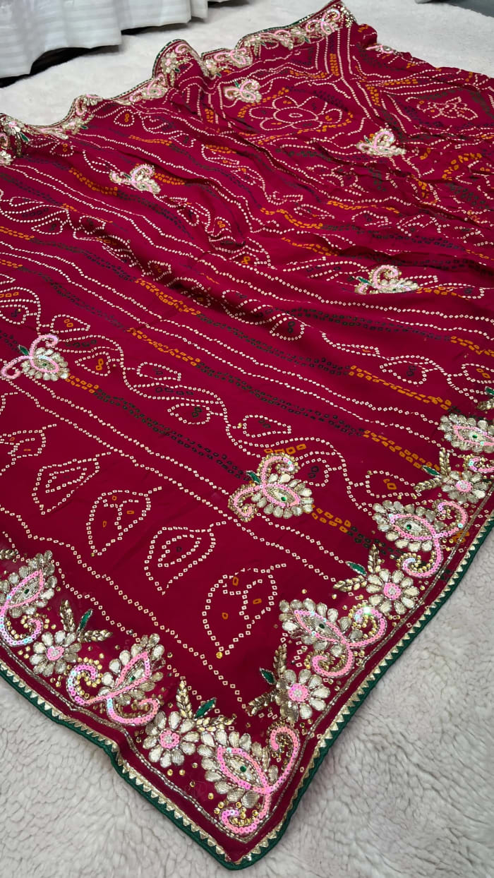 Traditional Chundri Bandhej Saree Crafted in Viscose Georgette Fabric with Handworked Kundan Patti