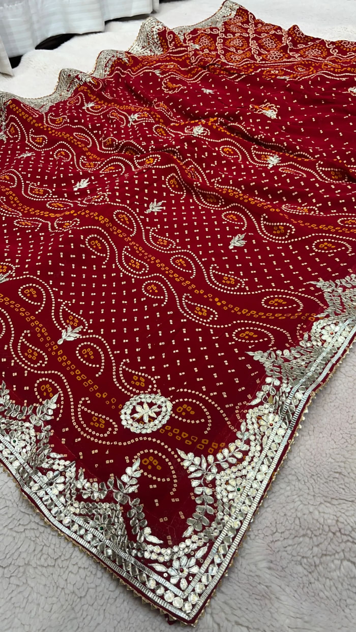 Heritage Chundri Bandhej Saree in Pure Viscose Georgette Fabric with Handcrafted Gotta Patti