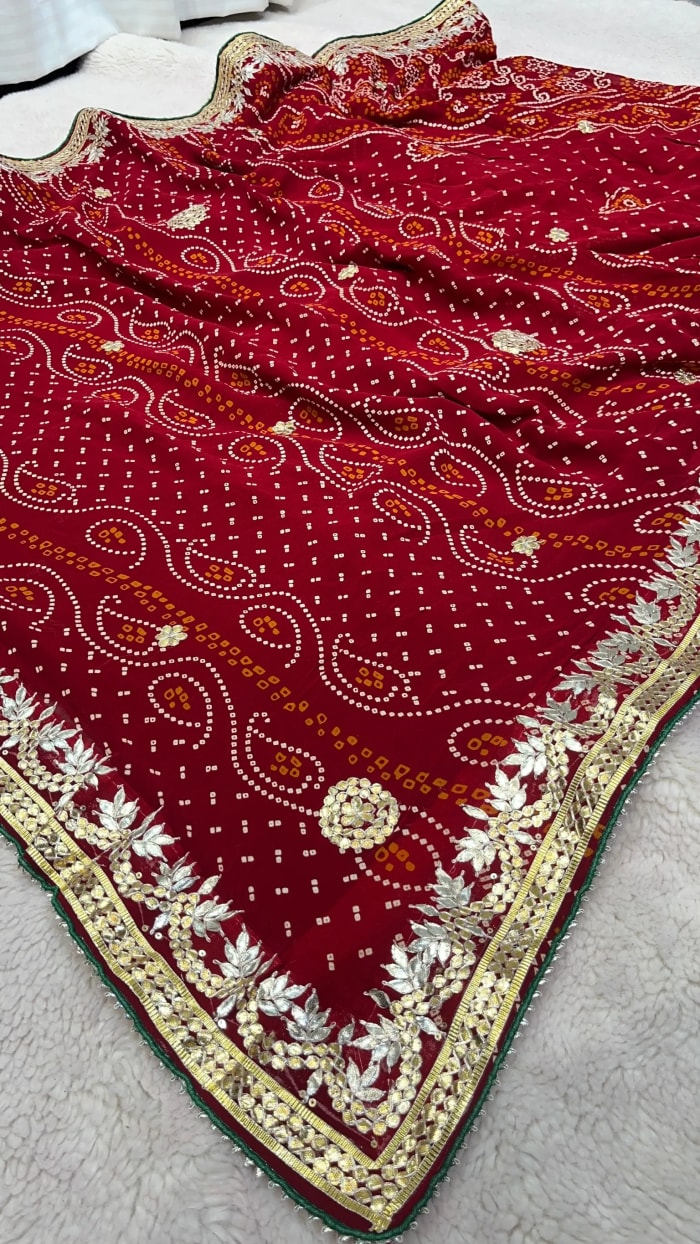 Elegant Chundri Bandhej Saree in Pure Viscose Georgette Fabric with Handcrafted Gotta Patti Work