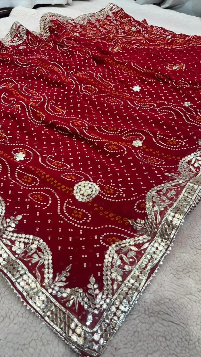 Classic Rajasthani Chundri Bandhej Saree in Viscose Georgette Fabric with Handmade Gotta Patti