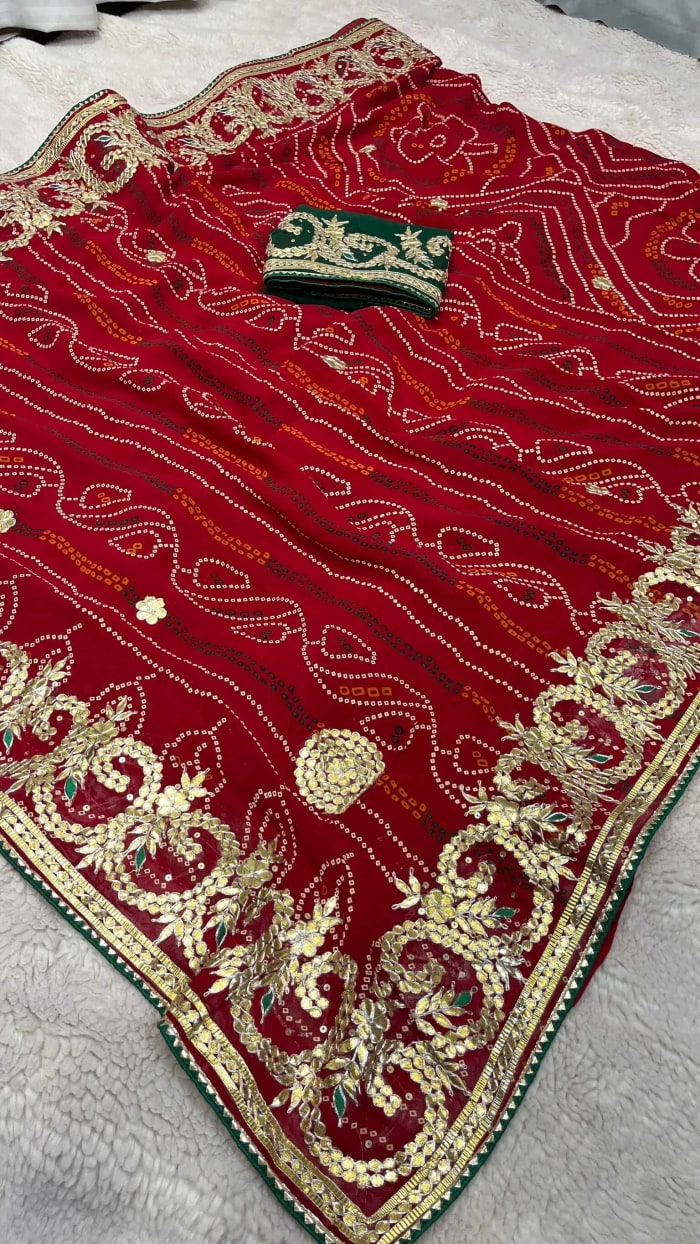 Festive Chundri Bandhej Saree in Pure Viscose Georgette Fabric with Artisanal Gotta Patti