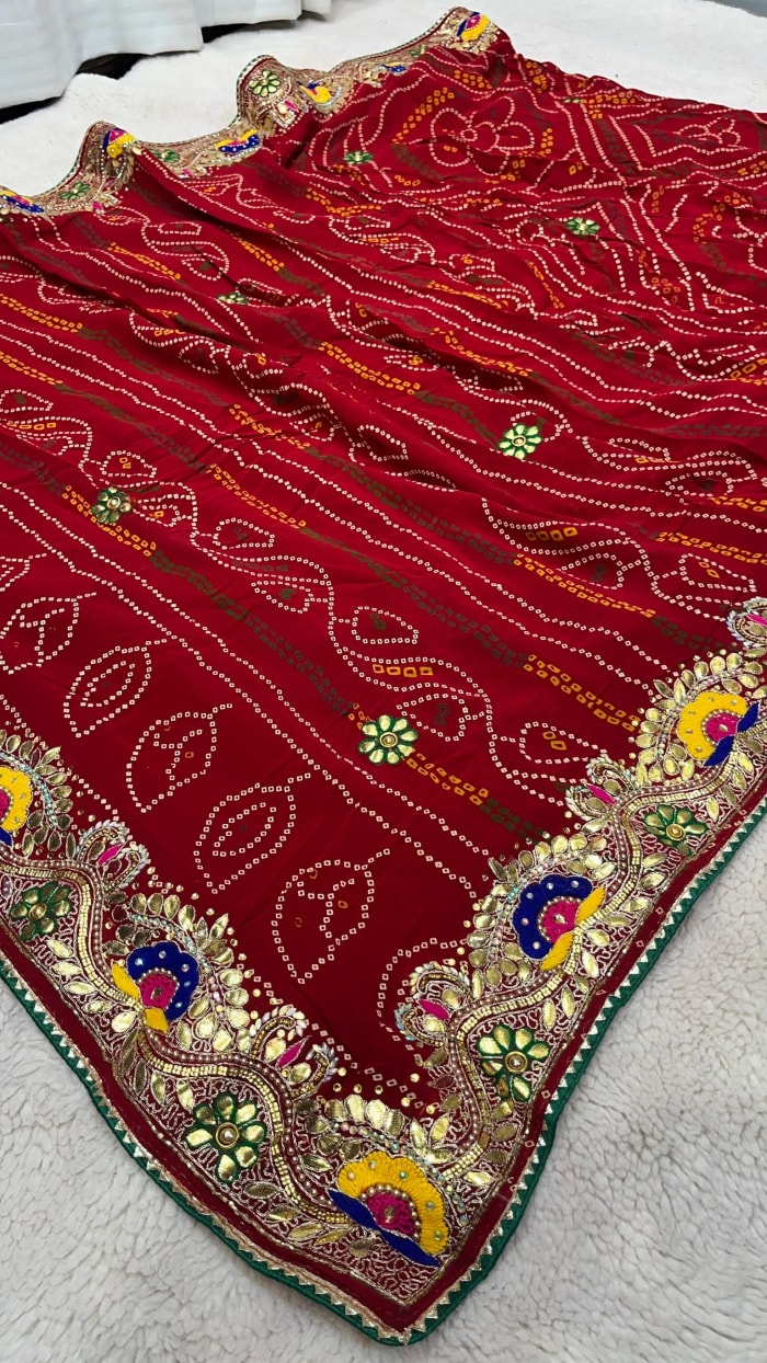 Heritage Chundri Bandhej Saree in Pure Viscose Georgette Fabric with Resham Zari Gotta Patti Work