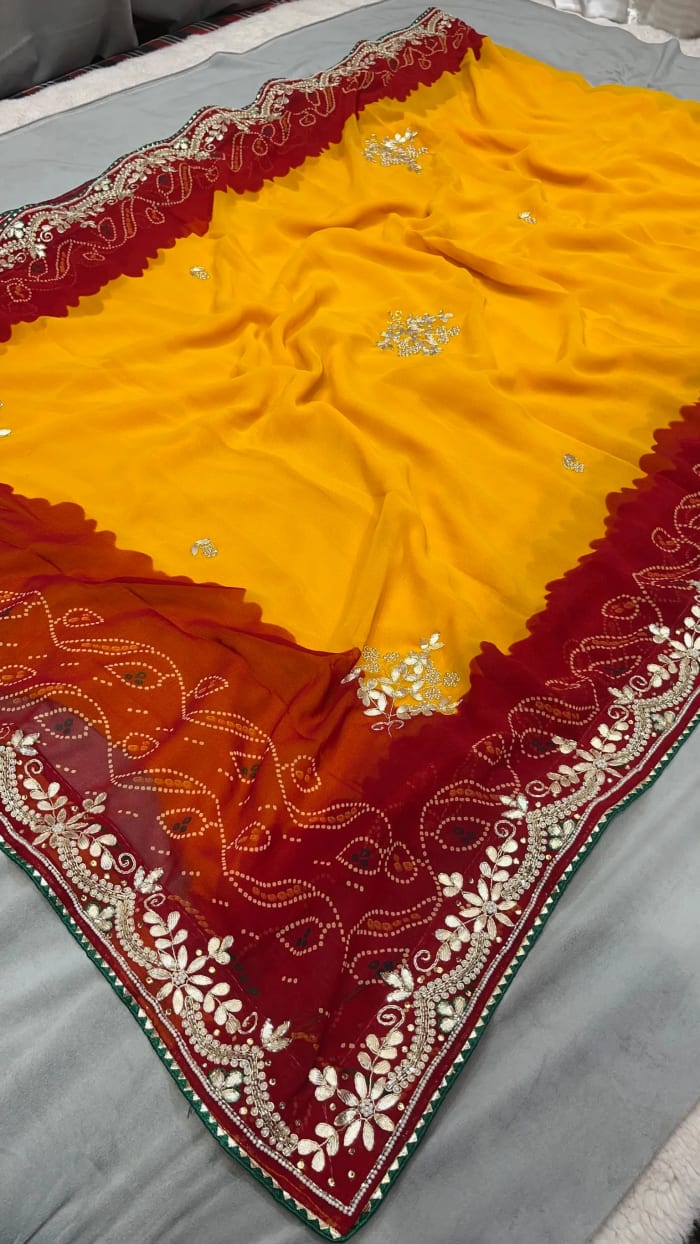 Royal Lemon Peela Georgette Fabric Saree with Handcrafted Zardozi Kundan Patti Embellishment