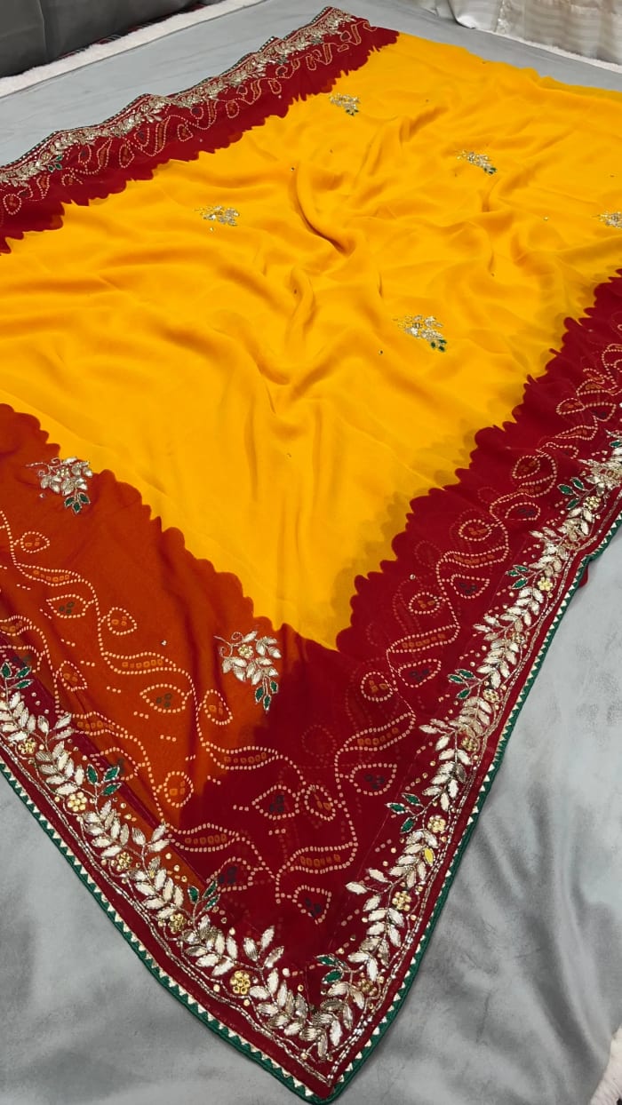 Designer Lemmon Yellow Georgette Fabric Saree with Exquisite Zardozi Kundan Work – Handcrafted Elegance