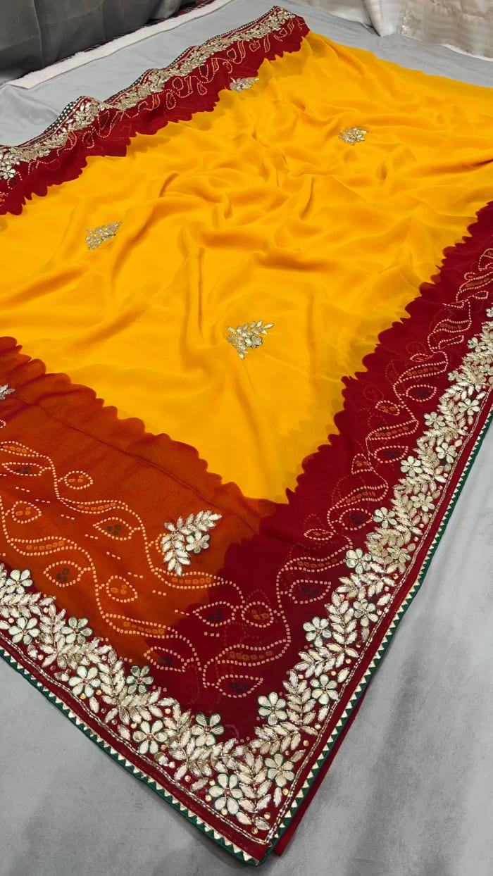 Handmade Zardozi & Kundan Peela Saree in Lightweight Georgette Fabric – Traditional Indian Ethnic Wear