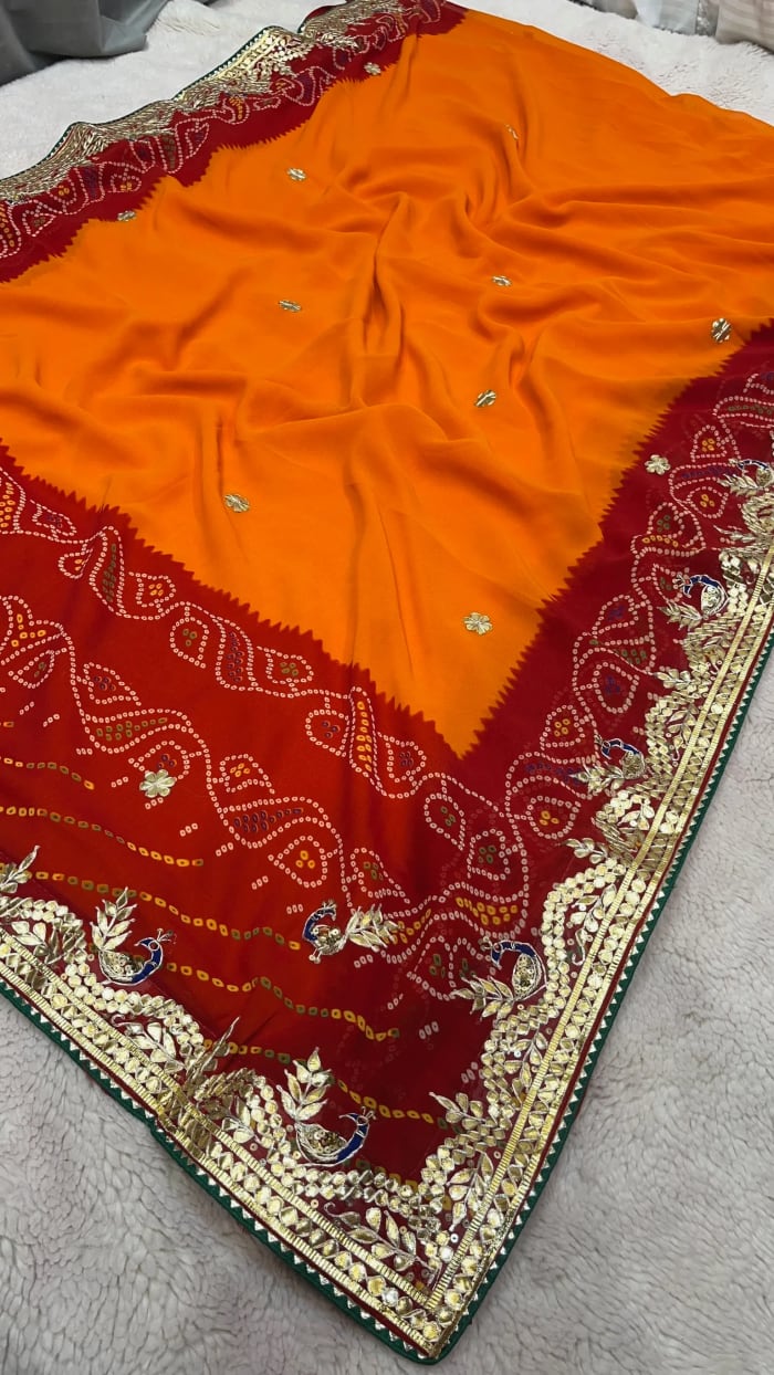 Traditional Peela Georgette Fabric Saree with Handmade Gotta Patti Embroidery – Ethnic Designer Wear