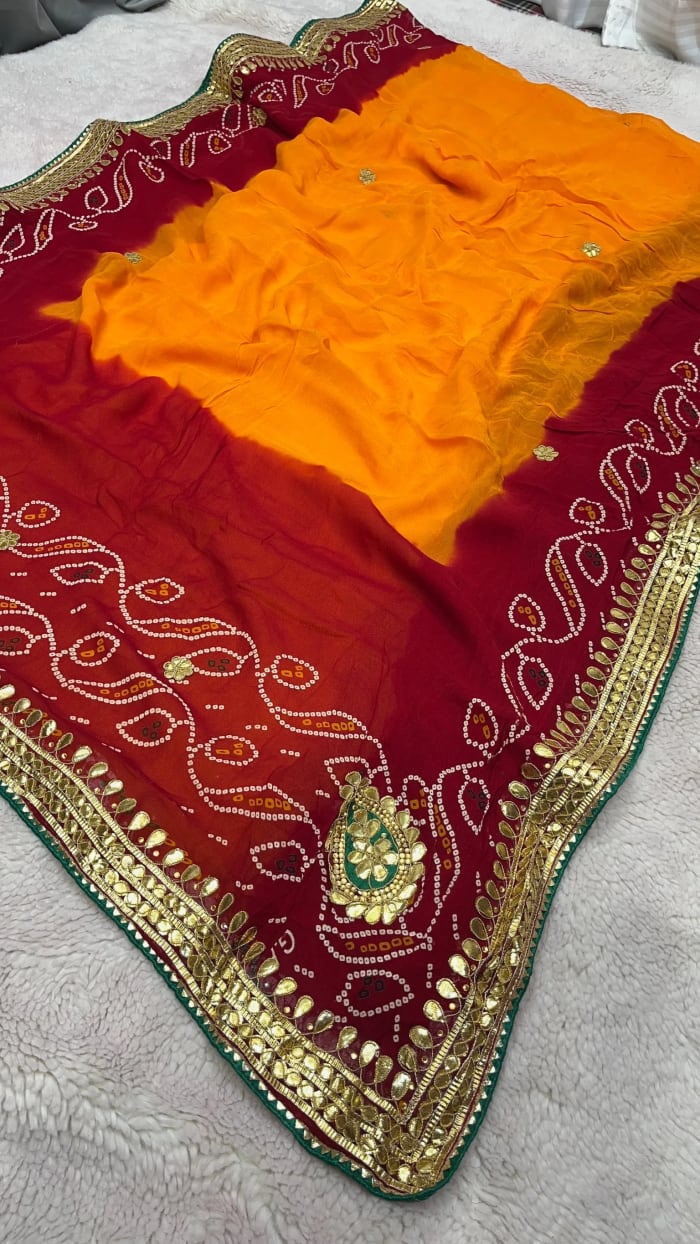 Luxury Yellow Georgette Fabric Saree with Handmade Gotta Patti Craft – Elegant Indian Ethnic Wear