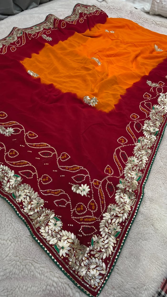 Premium Peela Georgette Fabric Saree with Handmade Zardozi & Kundan Patti | Pure Viscose Fabric