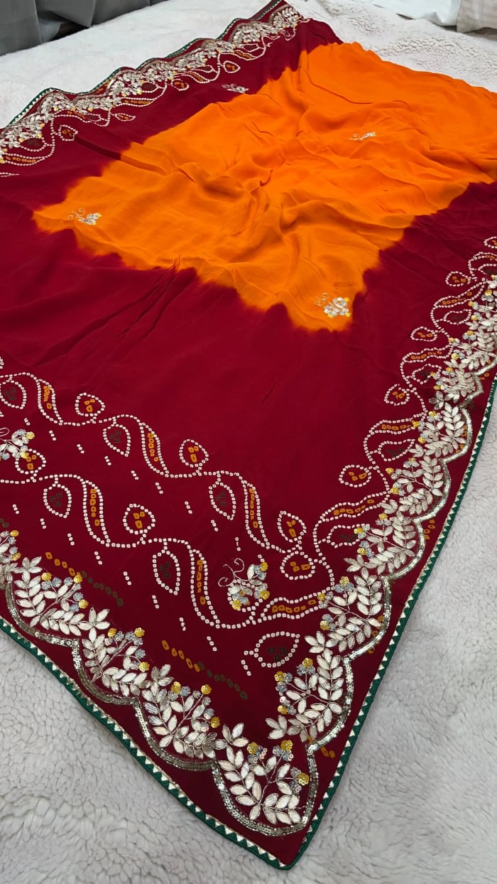 Luxury Peela Yellow Saree in Pure Viscose Georgette Fabric with Handcrafted Zardozi Kundan Work