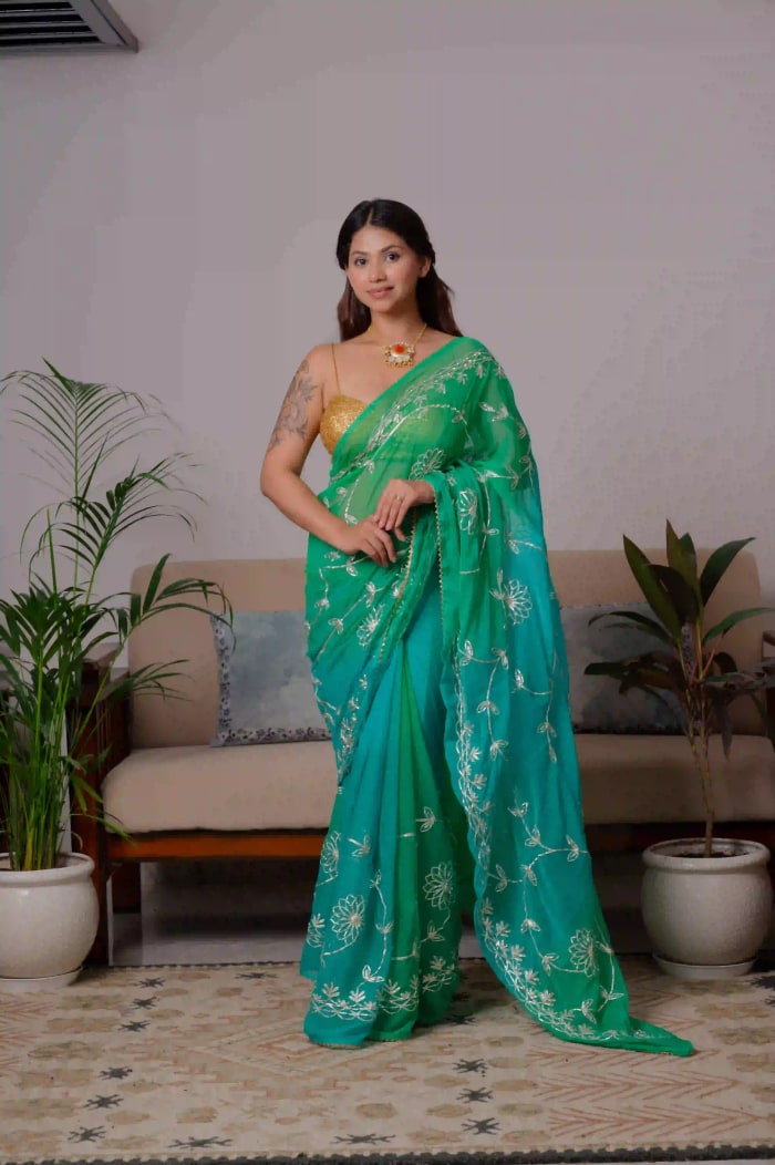 Handcrafted Chinnon Chiffon Fabric Saree with Kaccha Gota Work
