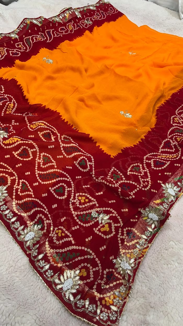 Luxury Traditional Peela Saree in Pure Viscose Georgette Fabric with Intricate Zardozi Kundan Embellishment