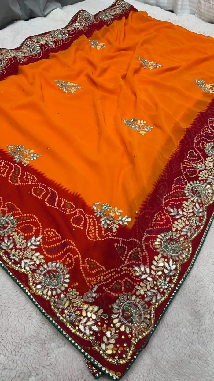 Designer Traditional Peela Saree in Pure Viscose Georgette Fabric with Handcrafted Zardozi Kundan Patti