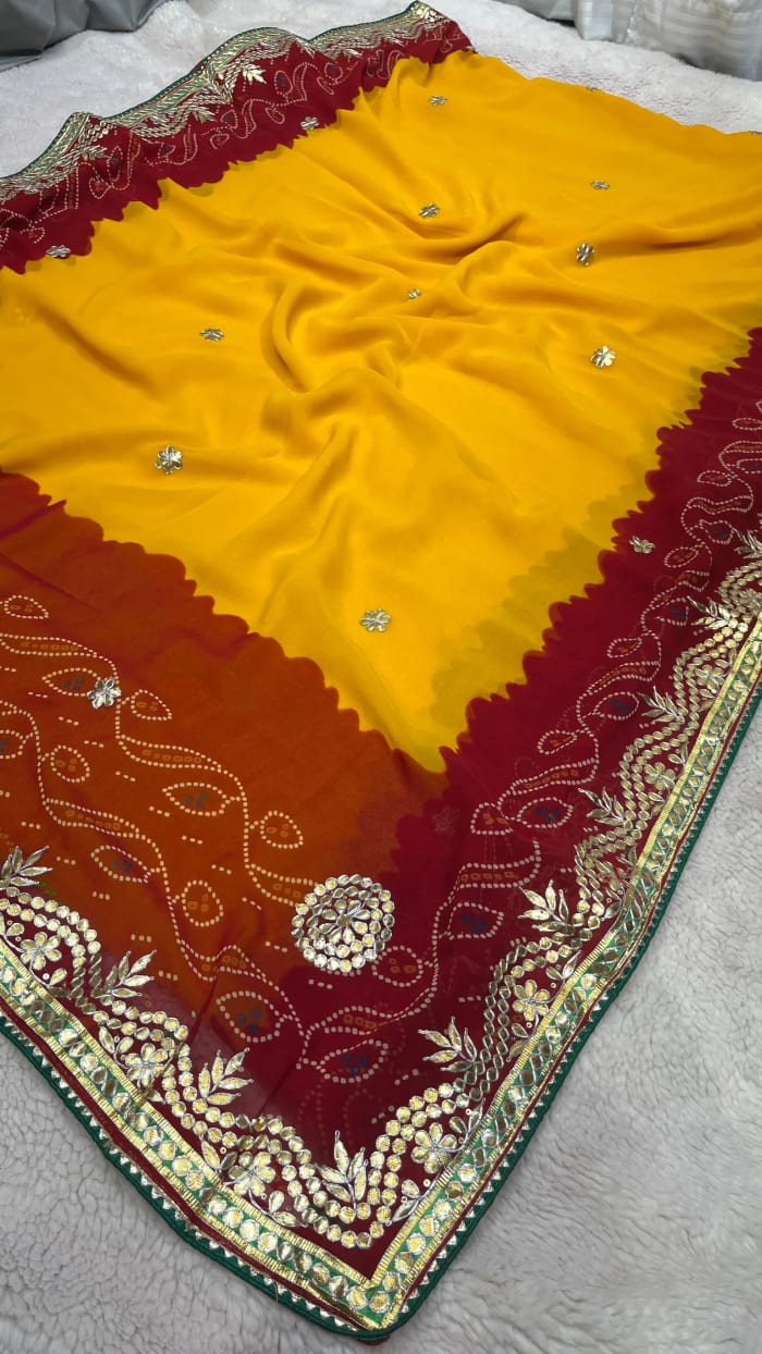 Elegant Peela Yellow Saree in Pure Viscose Georgette Fabric with Premium Zardozi Kundan Handwork