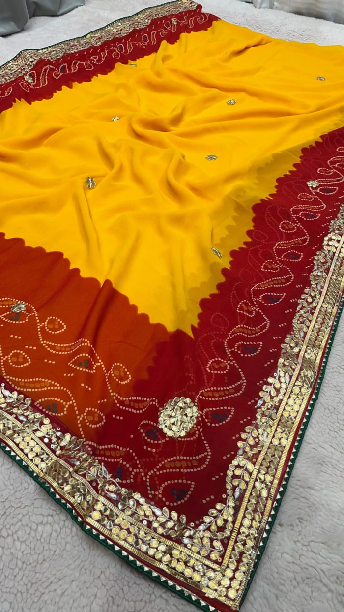 Premium Traditional Peela Saree in Soft Viscose Georgette Fabric with Handcrafted Zardozi Kundan Detailing