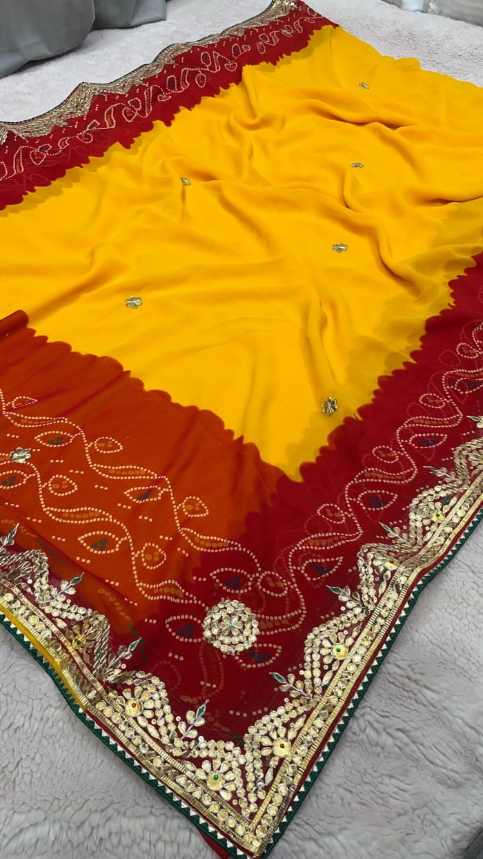 Royal Peela Yellow Saree in Pure Viscose Georgette Fabric with Exclusive Zardozi Kundan Hand Embroidery