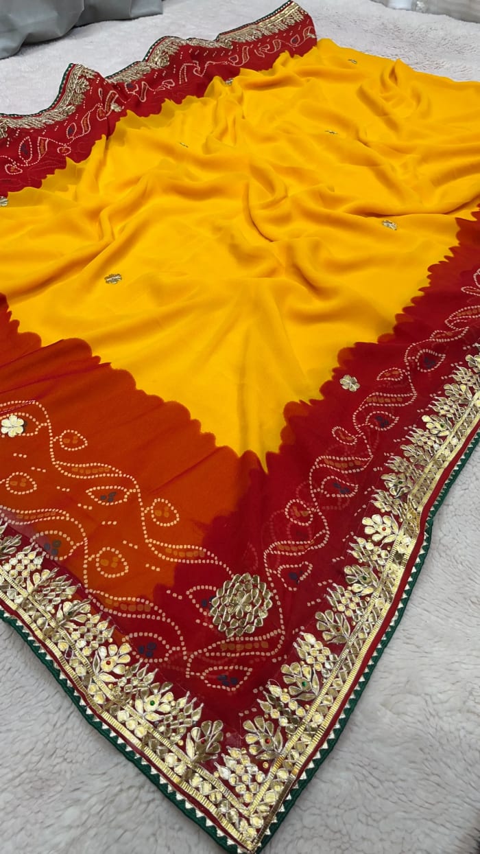 Elegant Traditional Peela Saree in Premium Viscose Georgette Fabric with Handcrafted Zardozi Kundan Work