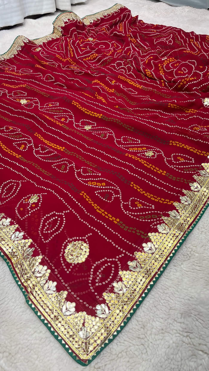 Designer Chundri Bandhej Saree with Gotta Patti Detailing on Viscose Georgette Fabric