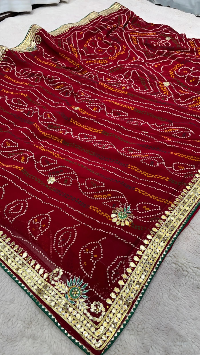 Traditional Chundri Bandhej Viscose Georgette Fabric Saree with Luxurious Gotta Patti Embroidery