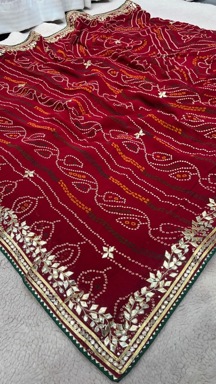 Premium Pure Viscose Georgette Fabric Chundri Bandhej Saree with Handmade Gotta Patti Work for Wedding & Festive Wear