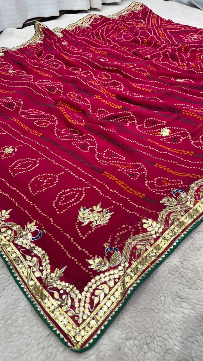 Handcrafted Chundri Bandhej Saree in Viscose Georgette Fabric with Intricate Gotta Patti Detailing