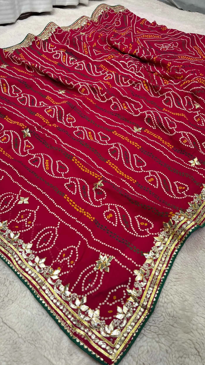 Vibrant Chundri Bandhej Saree in Pure Viscose Georgette Fabric with Traditional Gotta Patti Work