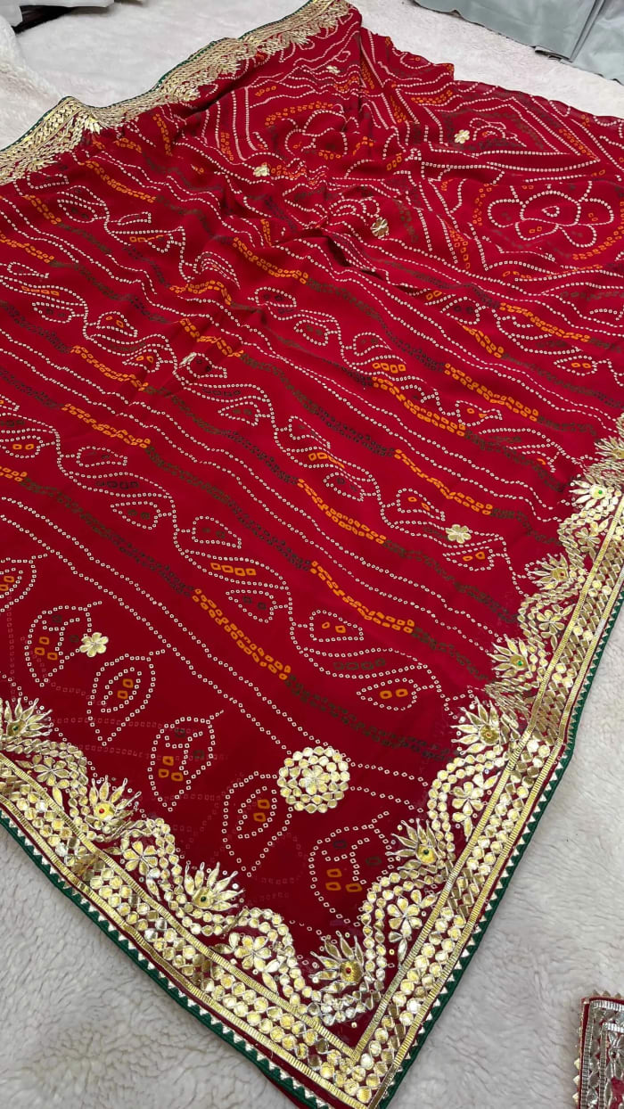 Elegant Chundri Bandhej Saree in Viscose Georgette Fabric with Handmade Gotta Patti Embroidery