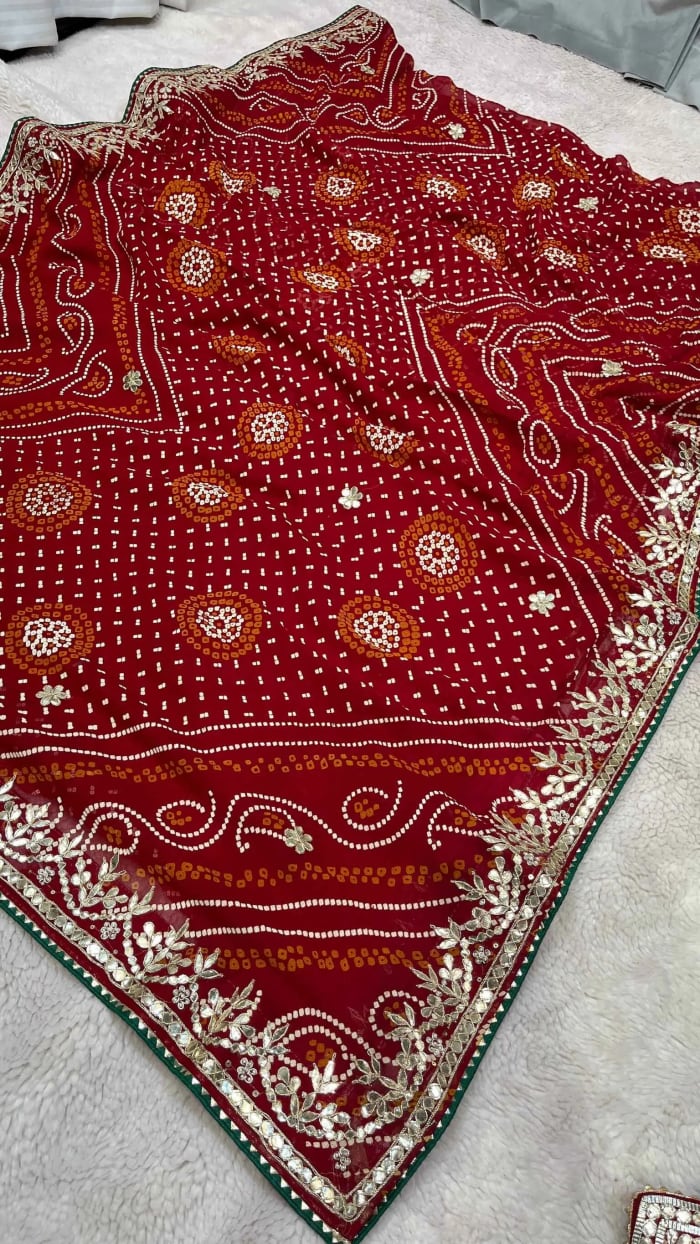Designer Chundri Bandhej Saree with Gotta Patti Work on Premium Viscose Georgette Fabric