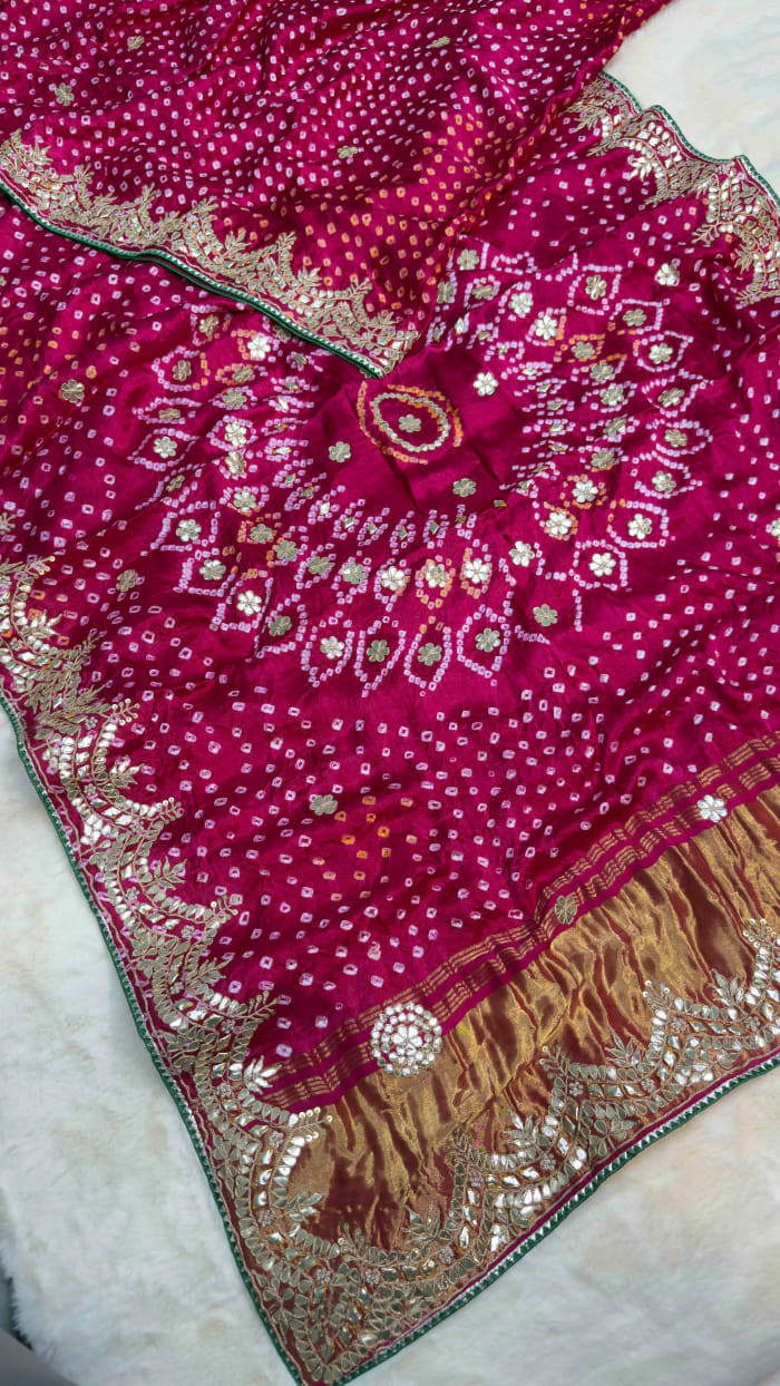 Traditional Pure Gaji Silk Fabric Lakdi Patta Saree with Handmade Zardozi, Moti & Gotta Patti Work – Premium Ethnic Wear