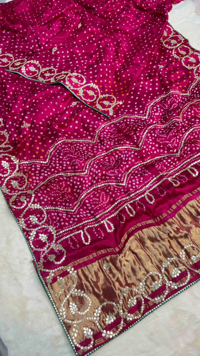 Traditional Pure Gaji Silk Fabric Lakdi Patta Saree with Handmade Zero Gotta Patti Work | Premium Ethnic Wear
