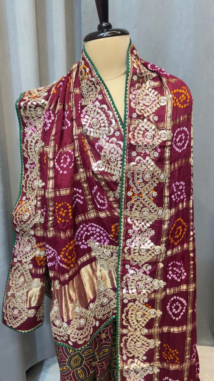 Pure Gaji Silk Fabric Dupatta with Handcrafted Kundan Patti Work