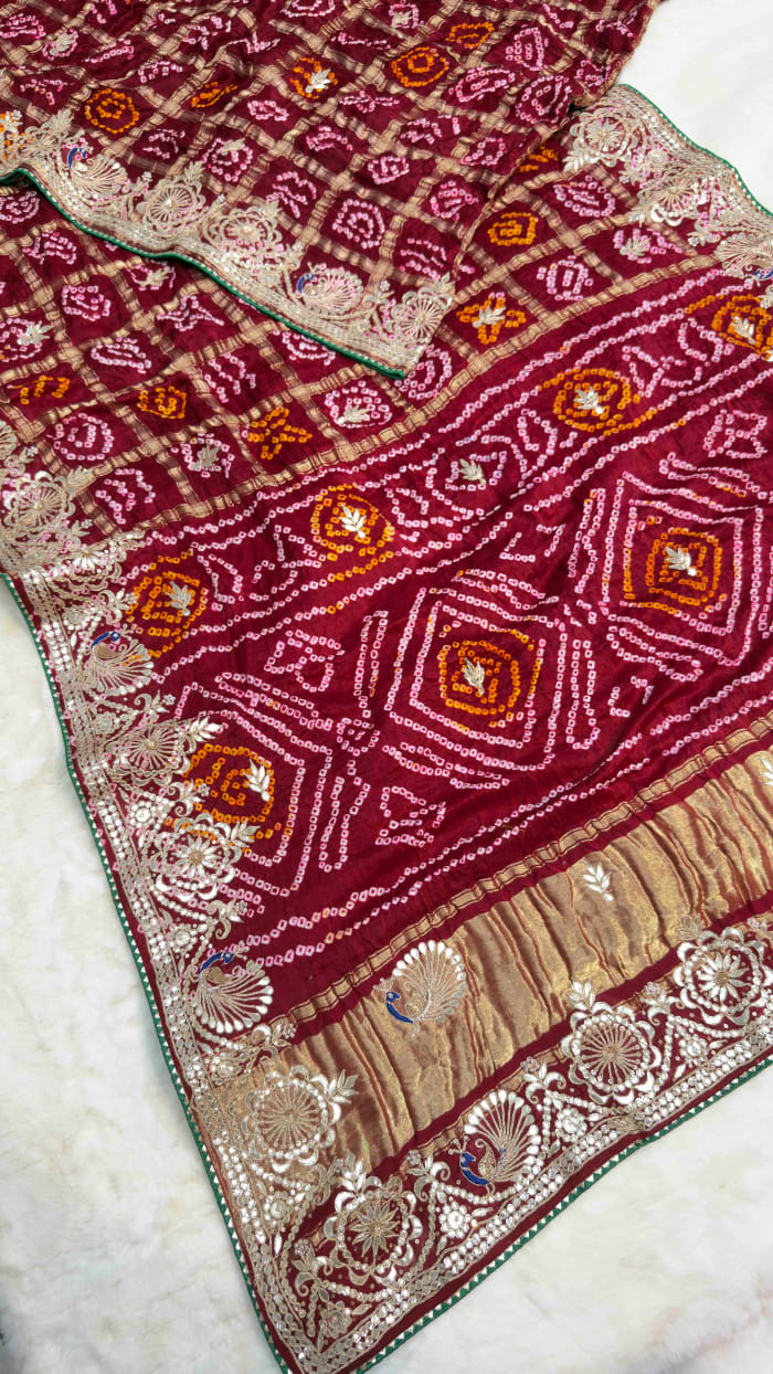 Handcrafted Pure Gaji Silk Fabric Lakdi Patta Saree with Zardozi & Zero Gotta Patti Work | Luxury Traditional Wear