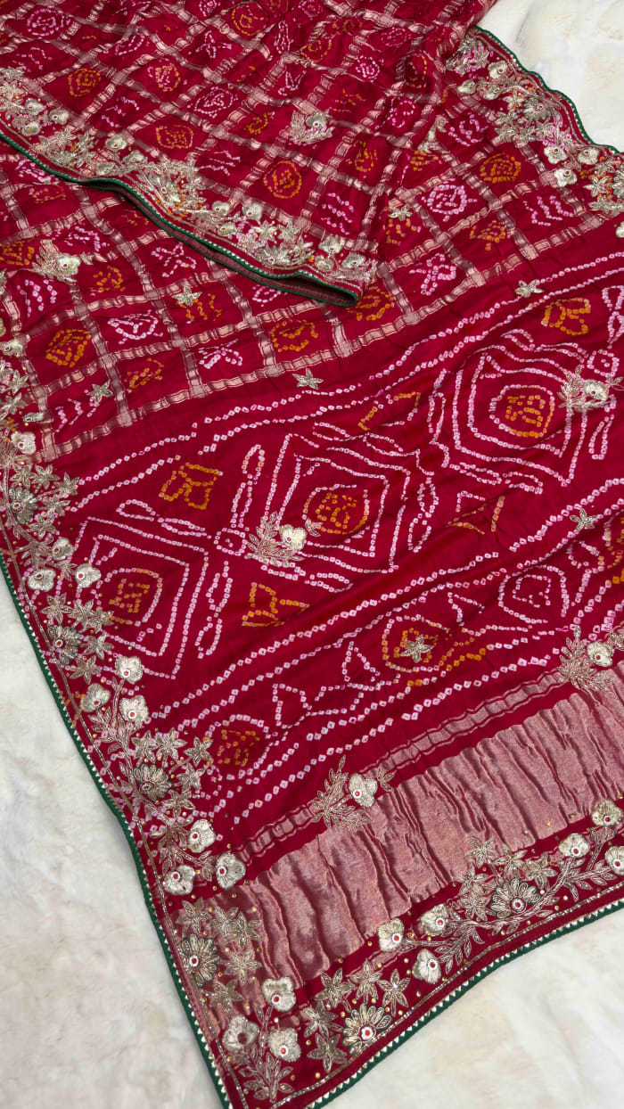 Traditional Pure Gaji Silk Fabric Lakdi Patta Saree with Zardozi Kundan & Moti Work | Premium Designer Ethnic Wear