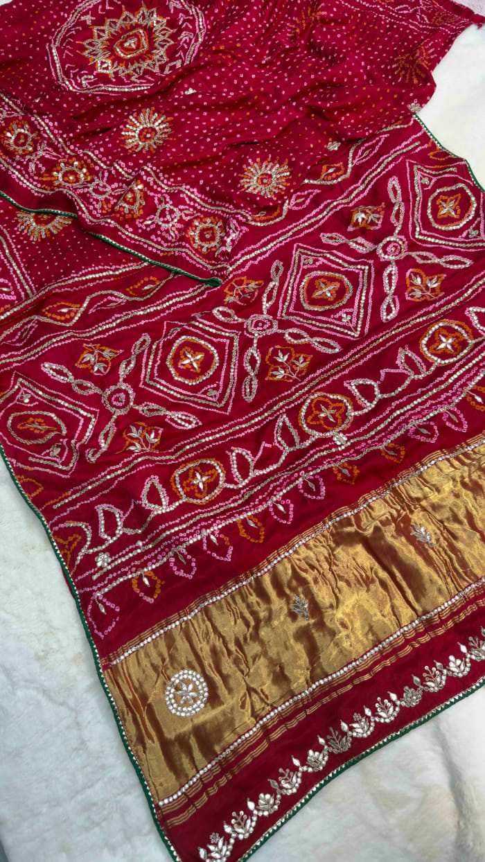 Handcrafted Pure Gaji Silk Fabric Lakdi Patta Saree with Zero Gotta Patti Work | Luxury Traditional Wear