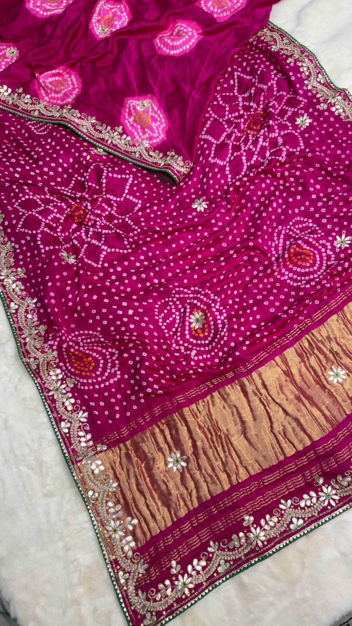 Pure Gaji Silk Fabric Lakdi Patta Saree with Zardozi Kundan Moti Patti Work | Premium Bridal & Festive Wear