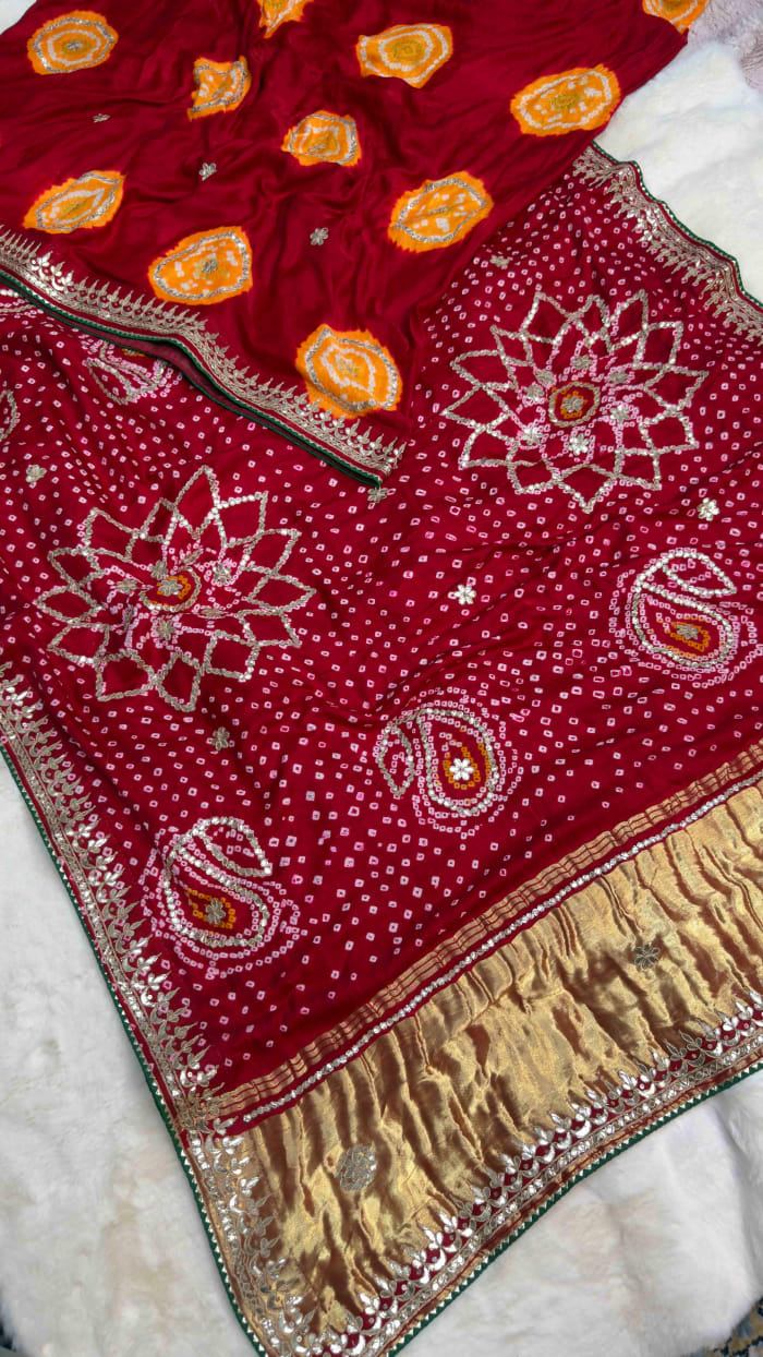 Handcrafted Pure Gaji Silk Fabric Lakdi Patta Saree with Zero Gotta Patti Work | Luxury Traditional Saree