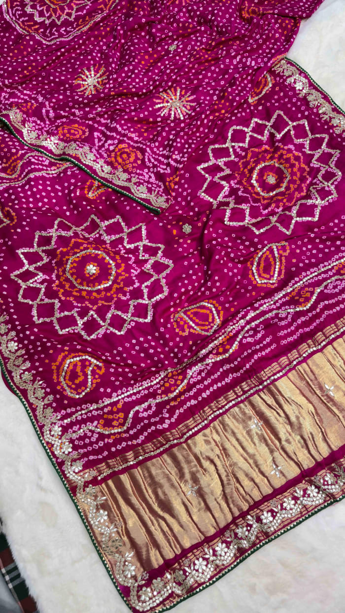 Traditional Pure Gaji Silk Fabric Lakdi Patta Saree with Handmade Zero Gotta Patti | Premium Ethnic Wear