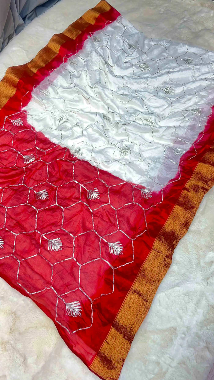 Traditional Chinon Silk Saree in Dye Shade Color with Kacha Gota Work | Luxury Festive Wear