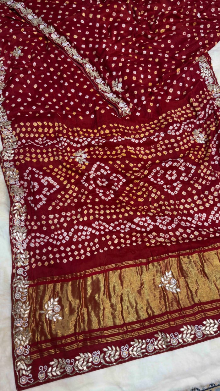 Handcrafted Modal Silk Meena Zari Fabric Saree with Lakdi Patta & Kundan Moti Zardozi Work