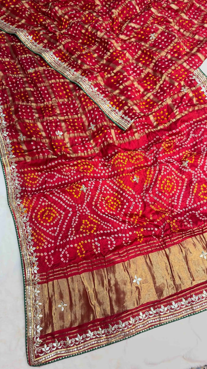 Traditional Modal Silk Fabric Saree with Meena Zari Lakdi Patta & Handcrafted Kaccha Gotta Patti Work